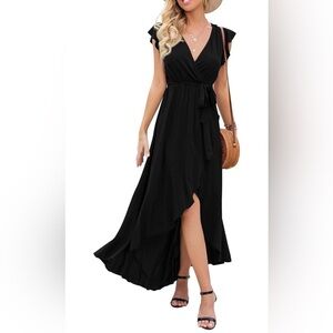 Women's Boho Black V-Neck Faux Wrap Maxi Dress